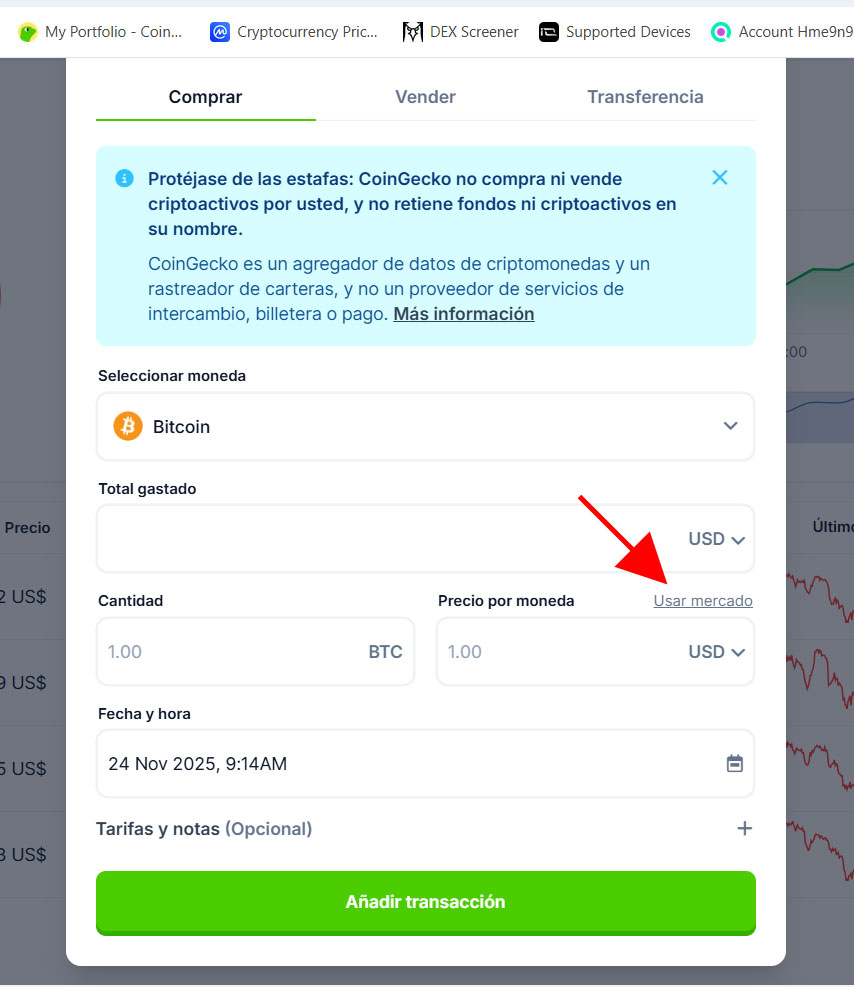 Añadir compra de cripto en coingecko