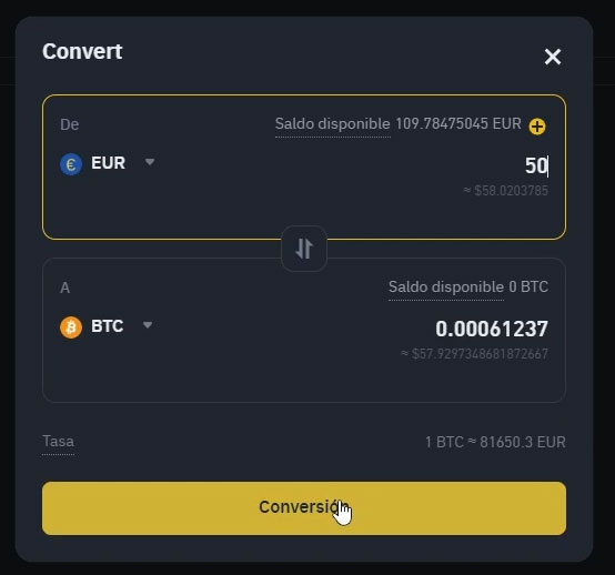convertir eur a btc en binance