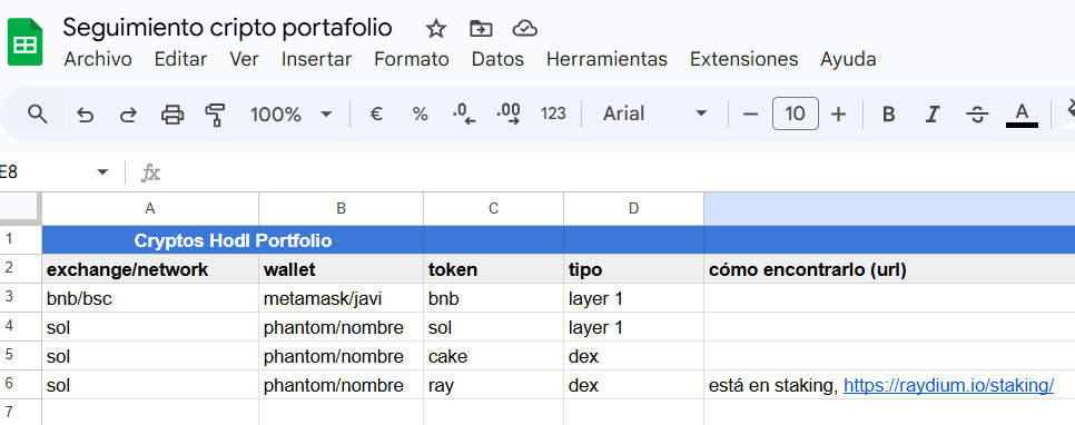 Seguimiento de cripto en excel o google doc