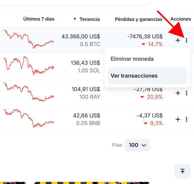 Ver transacciones en Coin Gecko