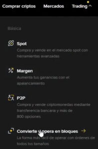 menu covertir spot en binance